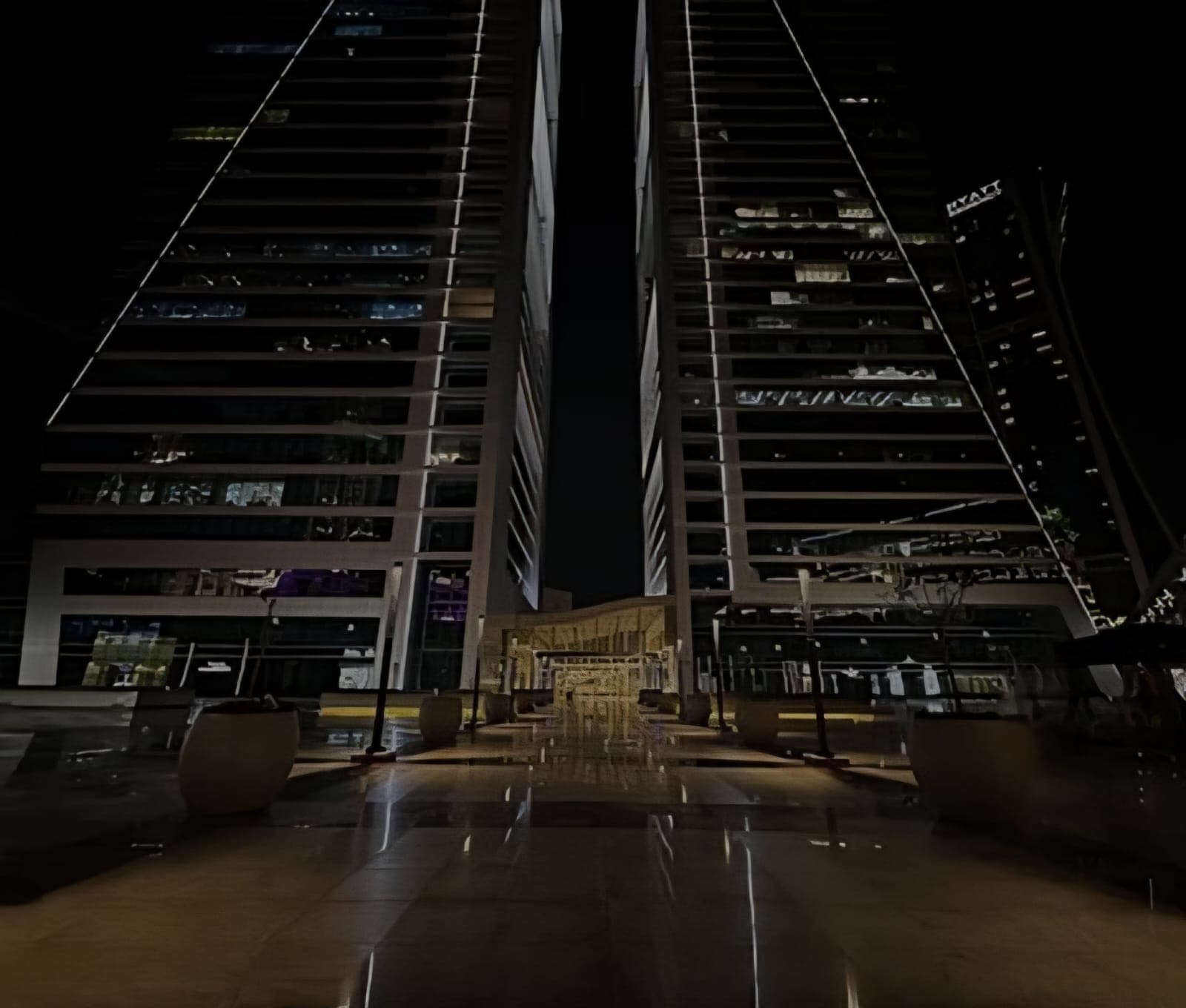 Illuminated towers at night